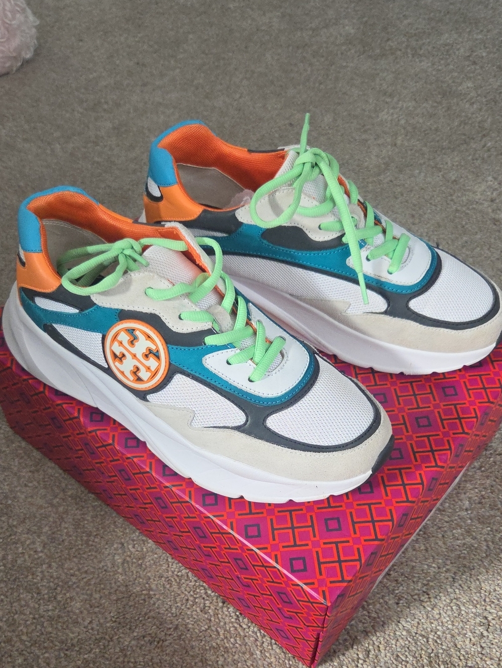 Tory Burch White Sneakers with Teal, Orange & Neon Green Accents